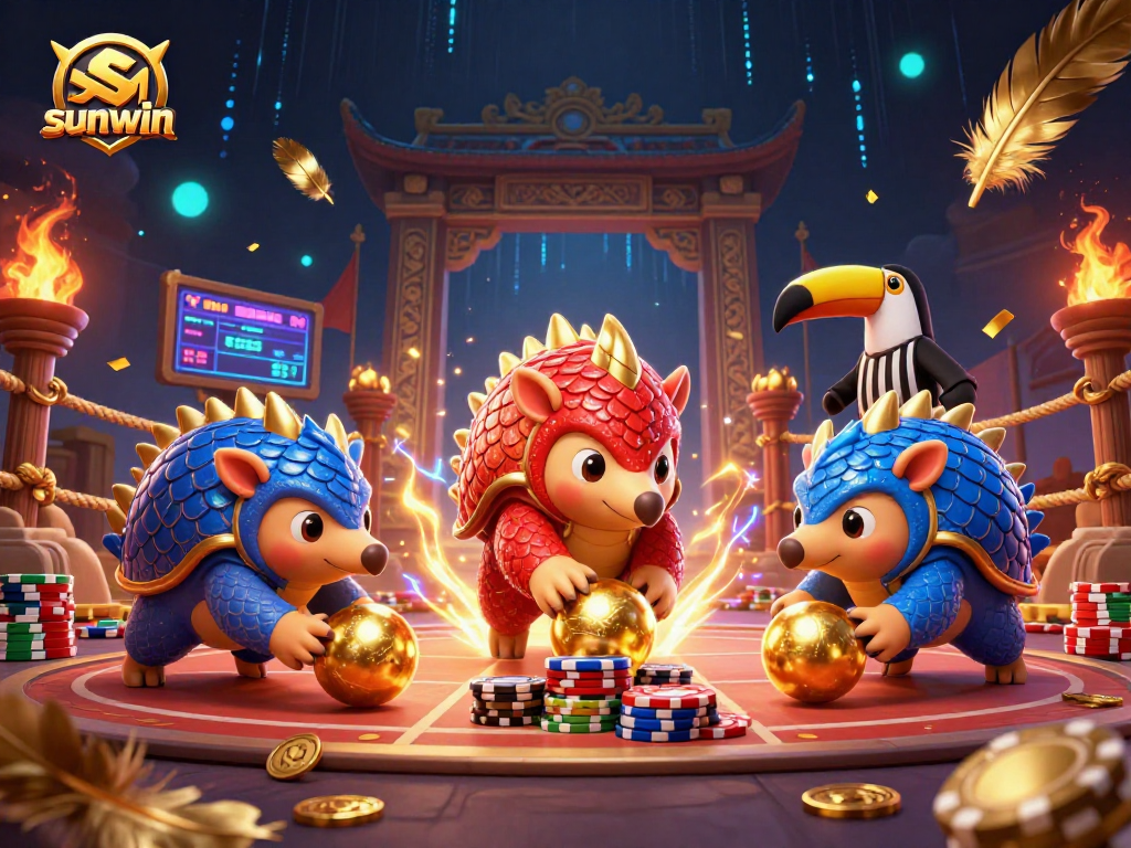 Experience the thrilling gaming action with sunwin as rival pangolins compete amidst dazzling casino elements.