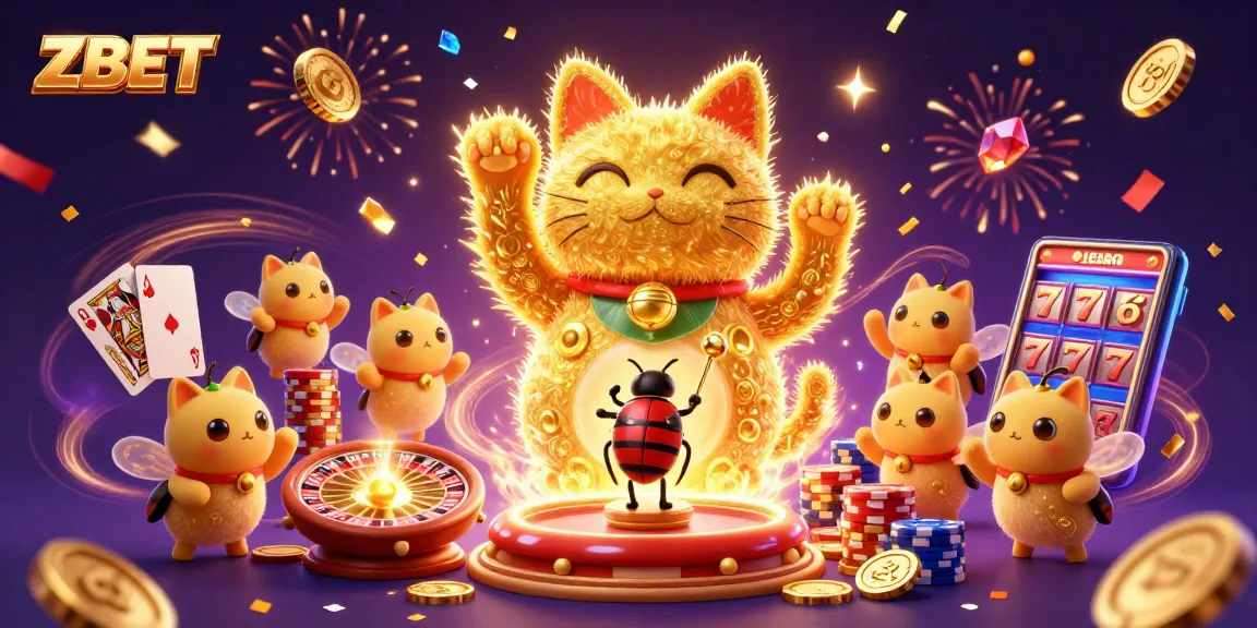 ZBET gamers unveil treasures with a giant lucky cat amidst joyful casino symbols.