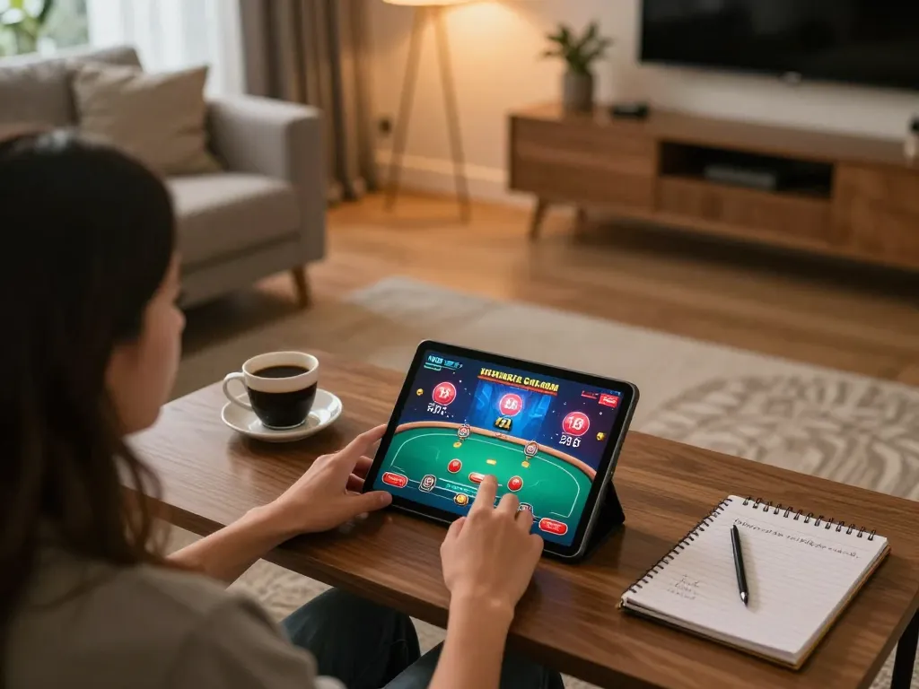 Player using SC88 tablet for online casino gaming, immersed in strategic poker gameplay