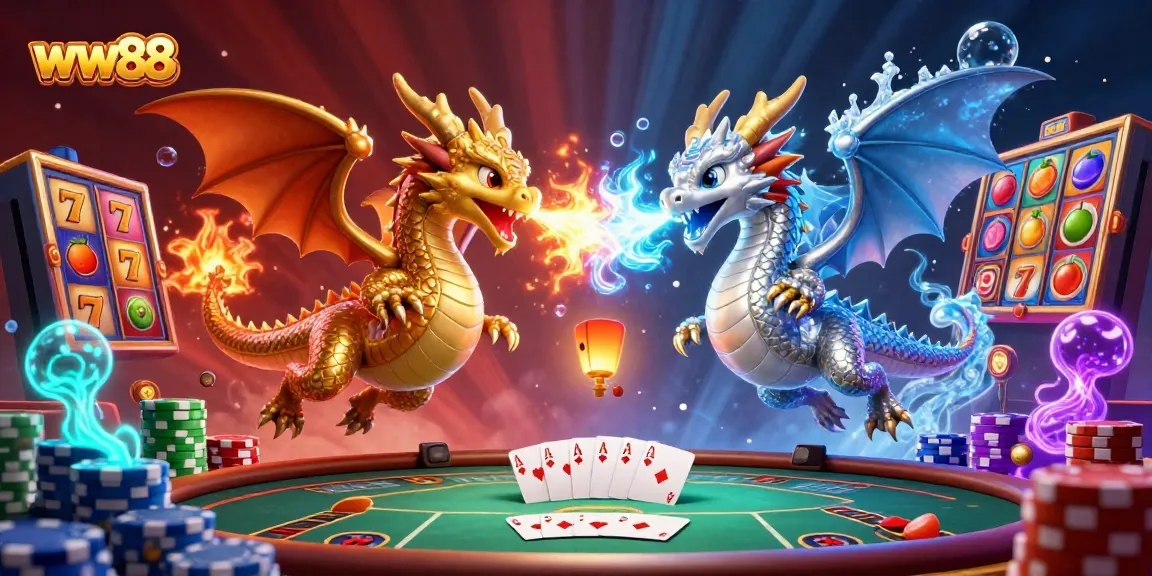 Engage with thrilling gaming experiences at ww88 while dragon mascots breathe fire and ice in a vibrant casino setting.