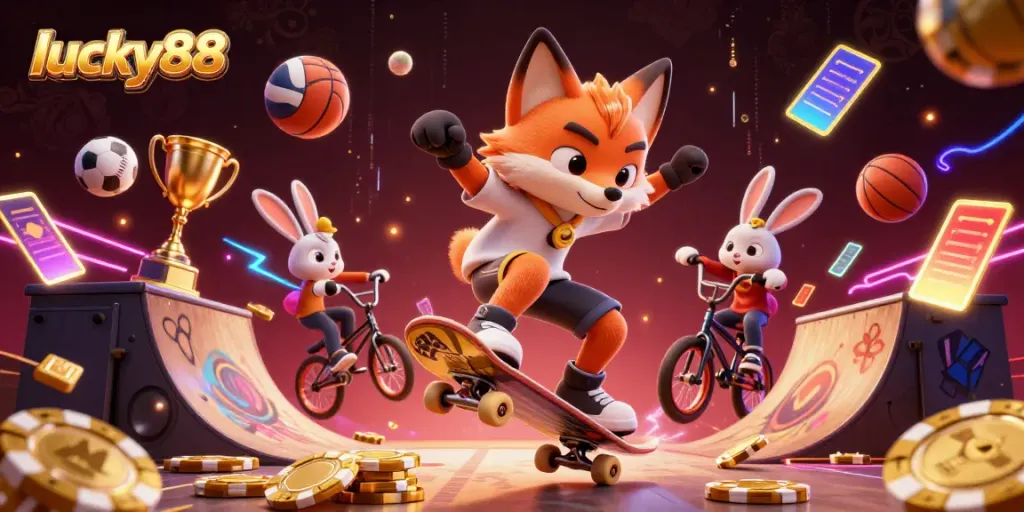 Experience dynamic gaming with lucky88 featuring a skateboarder fox and BMX rabbit immersed in casino action.