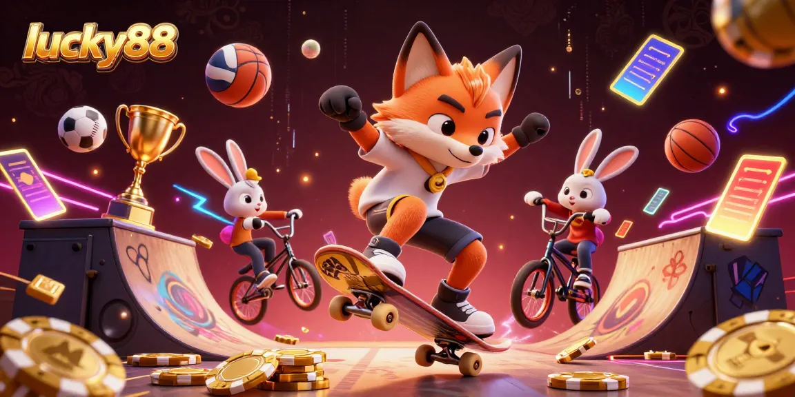 Experience dynamic gaming with lucky88 featuring a skateboarder fox and BMX rabbit immersed in casino action.