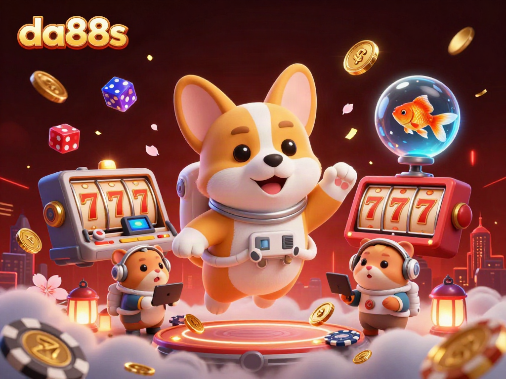 Engage with da88s: Ascend to new heights in a vibrant casino space adventure with floating slot reels.
