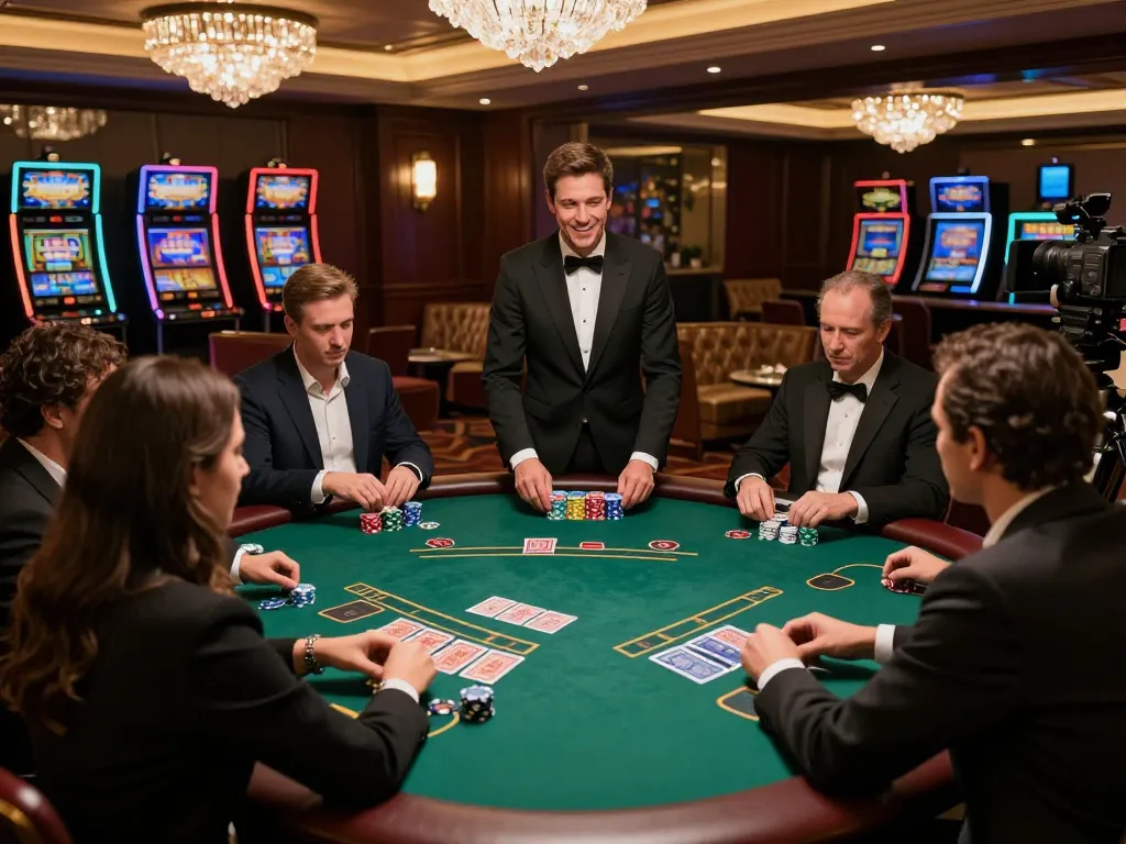 Players engage in strategic gameplay at lc88 blackjack table in luxurious casino.
