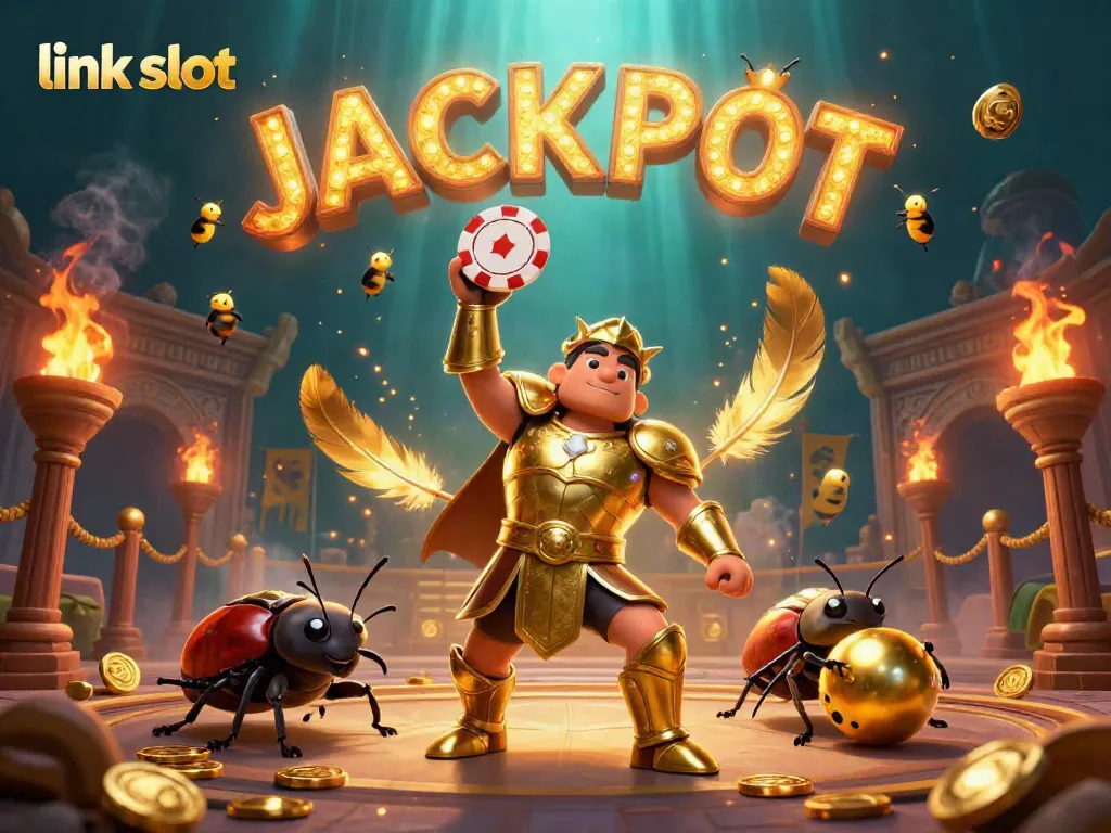 Experience the excitement of link slot gaming with a 3D hero beetle lifting a poker chip amidst golden coins and vibrant visuals.