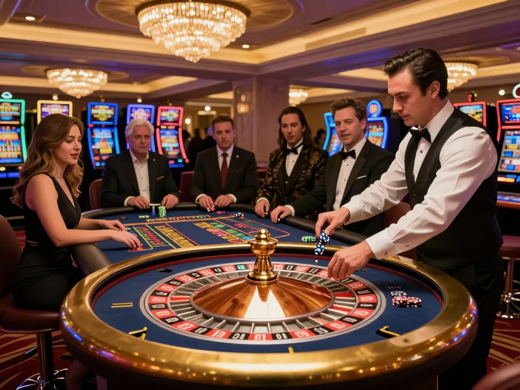 Players enjoy a thrilling roulette game at topclub in a luxurious casino, vibrant atmosphere with elegant decor