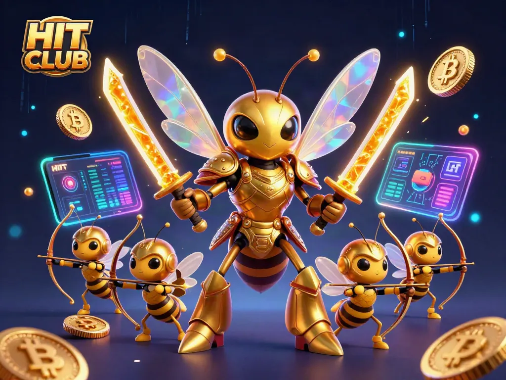 Engage with HIT CLUB's dynamic casino scene featuring golden hornet characters amidst vibrant crypto elements.