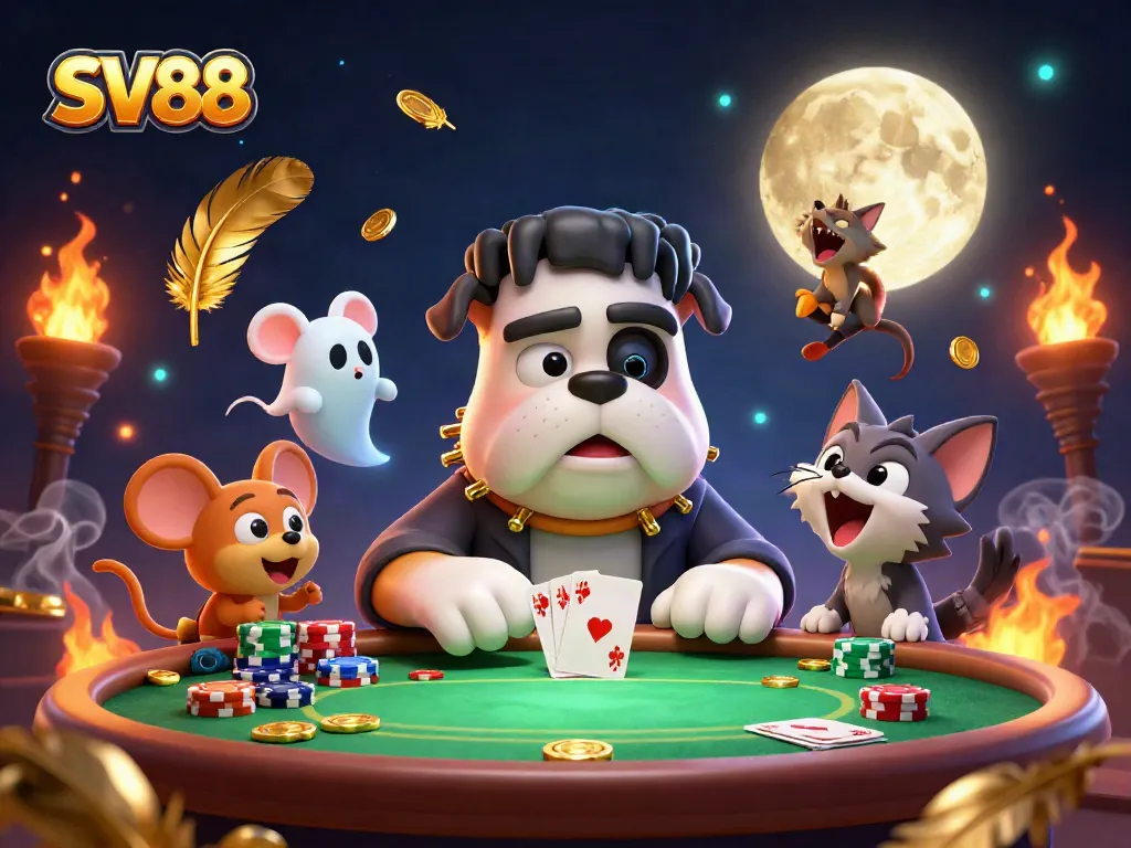 Experience thrilling SV88 poker action with vibrant characters, chips, and gold themes.