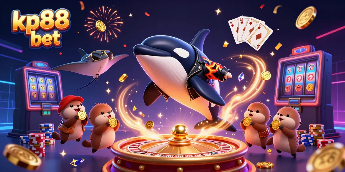 Experience thrilling gameplay at kp88 bet with cartoon characters celebrating amidst casino symbols.