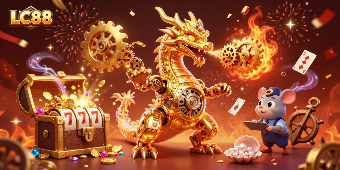 Experience the thrilling LC88 gaming world amidst a magical 3D scene with a golden dragon.