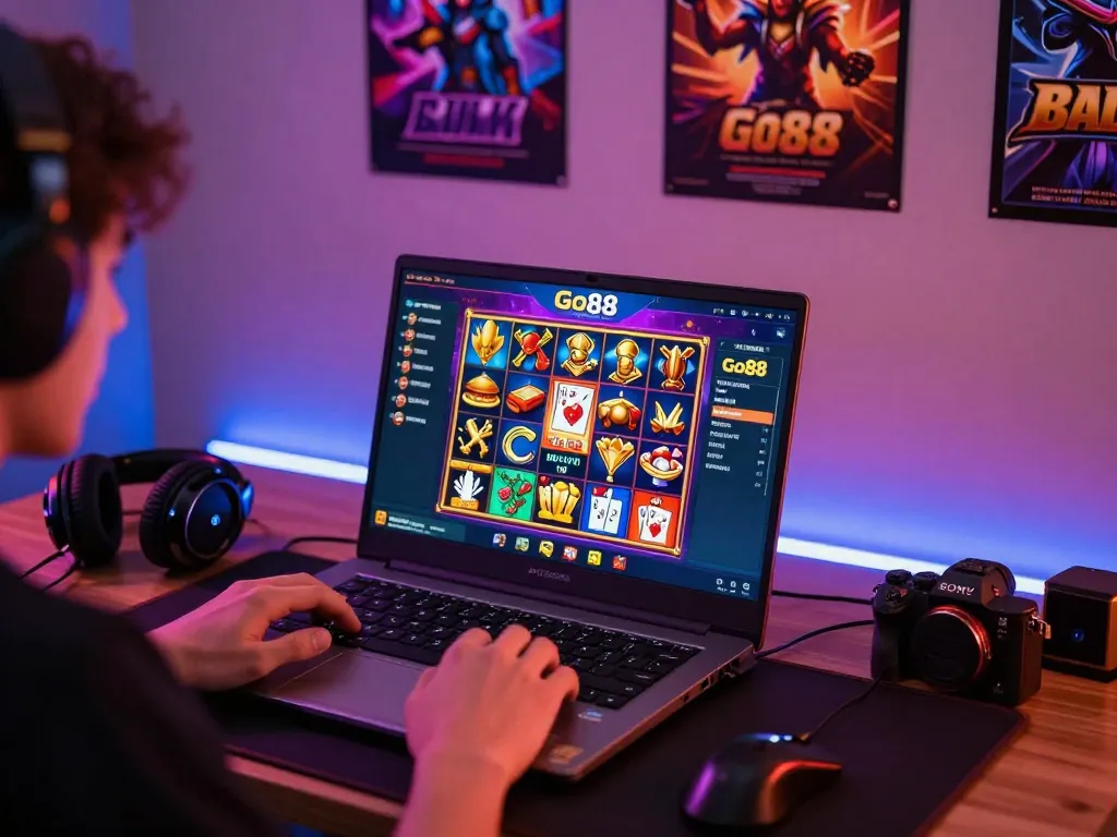 Player enjoying Go88 online gaming with slots and cards visible in a vibrant setup.