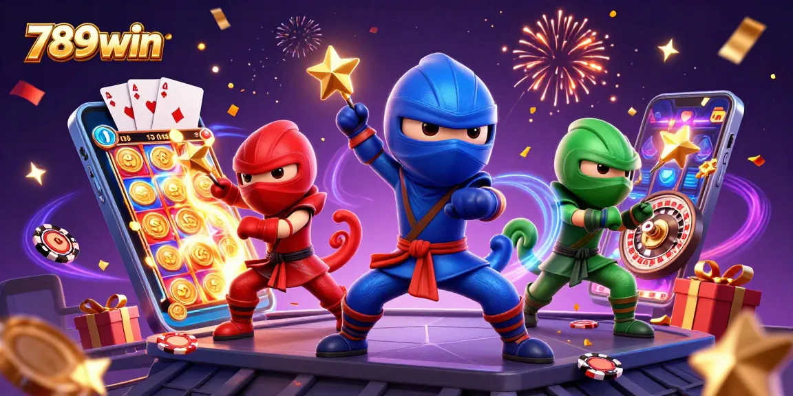 Engage in thrilling fun with the 789win ninja chameleon team showcasing their skills amidst vibrant casino elements.