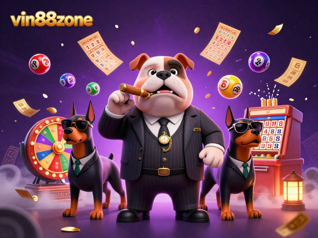 Engage with vin88zone's thrilling lottery scene featuring a mafia bulldog and dynamic game elements.