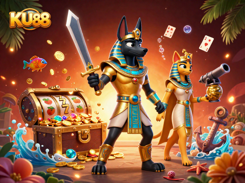 Engage with KU88's vibrant casino world featuring an Anubis warrior and treasure-filled slots.