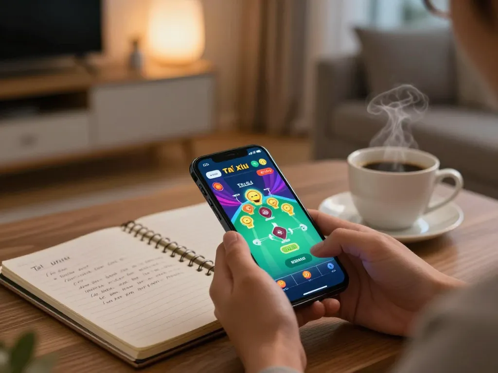 Engaging in app tài xỉu online, player using smartphone while managing betting strategies in a cozy setting.