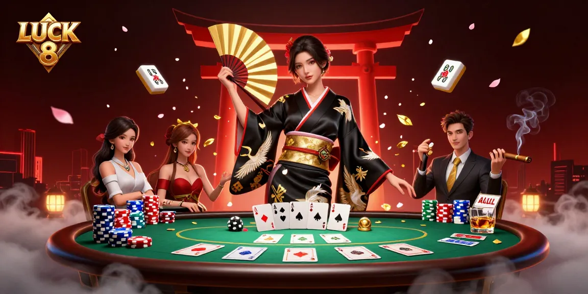 Experience thrilling gameplay at LUCK 8 with a vibrant casino scene featuring poker elements.