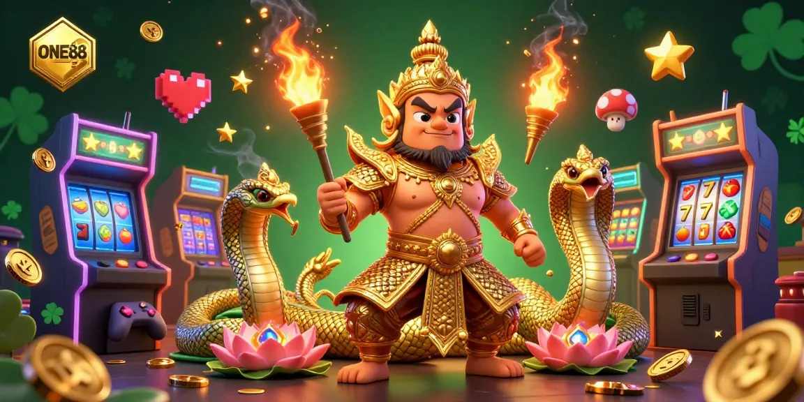 Experience the thrills of ONE88 with vibrant casino game elements and friendly guardians.