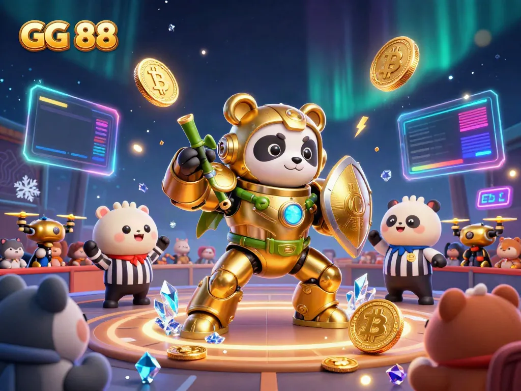 Engaging scene of GG 88 with a golden panda in a mech-suit fighting arena, featuring crypto elements and dynamic casino imagery.