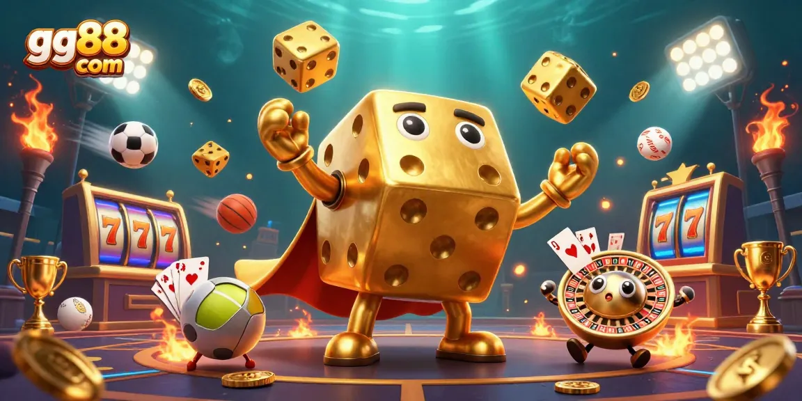 Engage with gg88 com's thrilling slot games featuring a dynamic golden dice golem and vibrant casino elements.