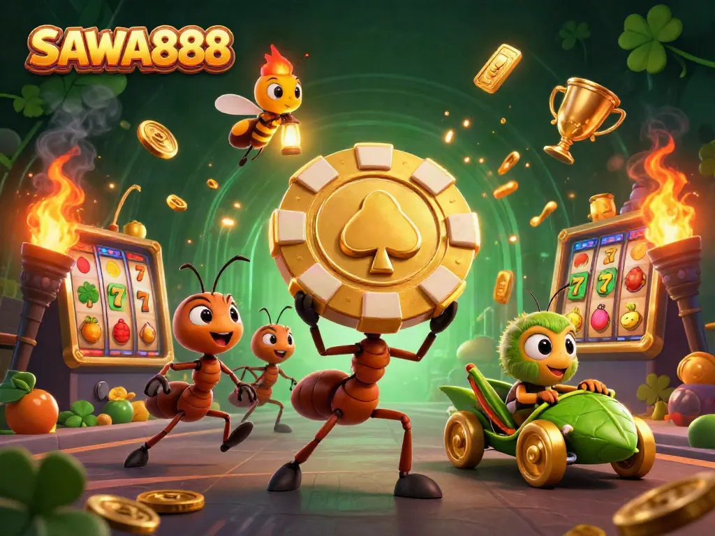SAWA888 showcases ants carrying golden poker chips in a vibrant casino setting, capturing dynamic action.
