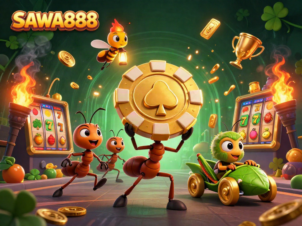 SAWA888 showcases ants carrying golden poker chips in a vibrant casino setting, capturing dynamic action.