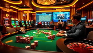 Players enjoying online casino games at https://vuabai9.cn.com/, featuring poker and slot machines.