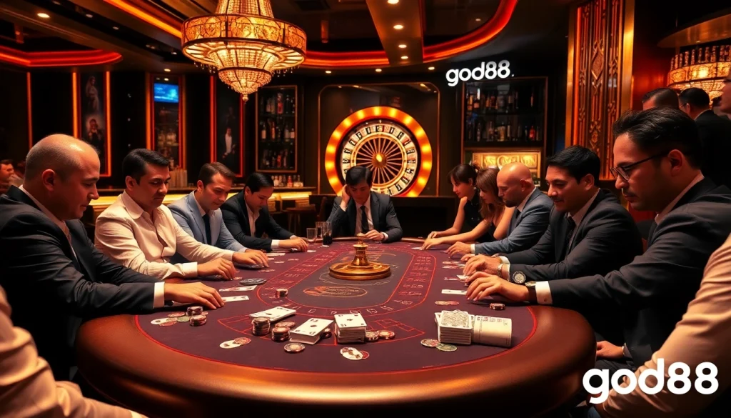 Engaged players strategize at the Good88 poker table in a luxurious casino setting.