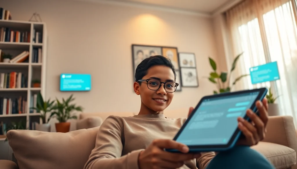 Engaging scene of user interacting with sexting AI chatbot in a cozy living room setting.