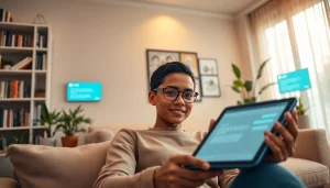 Engaging scene of user interacting with sexting AI chatbot in a cozy living room setting.