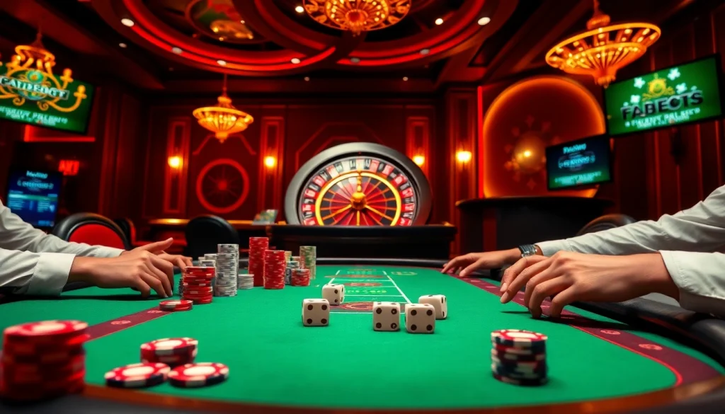Experience the thrill of betting at https://fabet3.com/ with a vibrant casino scene featuring poker tables and roulette.