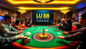 Experience the excitement of LU 88 at a vibrant casino with poker tables, roulette wheels, and eager players.