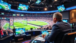 Host presenting from a vibrant sports broadcasting studio, showcasing live Sports Broadcasting coverage.