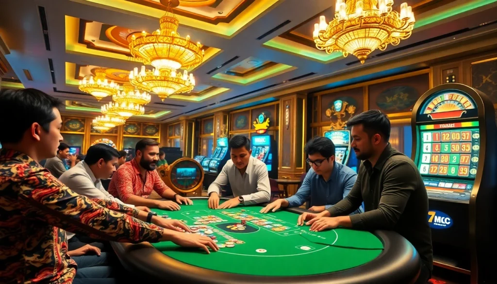 Engaged gamblers track live scores on 7mcn while playing poker at an upscale casino.