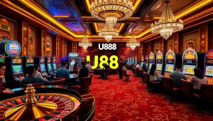 Experience the thrill of gambling at U88 with vibrant poker chips and an exciting casino scene.