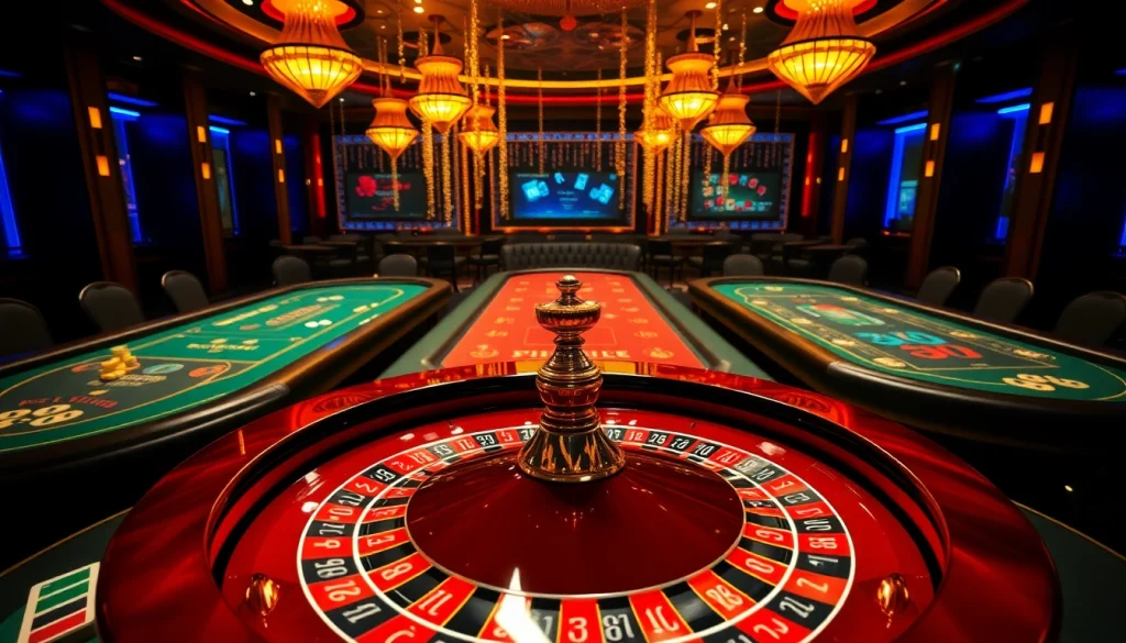 Experience the excitement of gambling at https://fun888.co.com/ with a luxurious casino scene featuring roulette and card games.