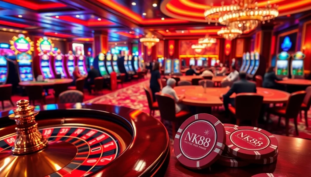 Engaging NK88 betting scene featuring vibrant casino tables and strategic gameplay.