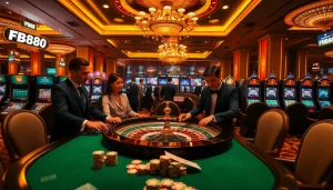 Experience the thrill of FB88 with vibrant casino tables, poker chips, and slot machines.