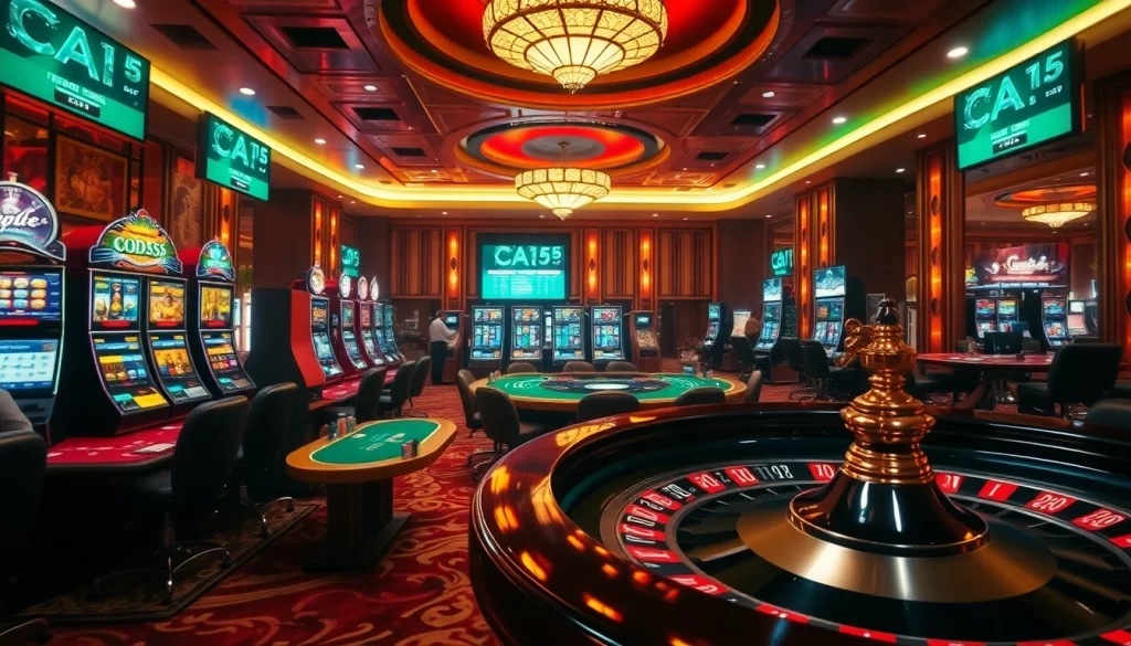 Experience the vibrant atmosphere of GOD55 with luxurious casino elements, showcasing slot machines and poker tables.