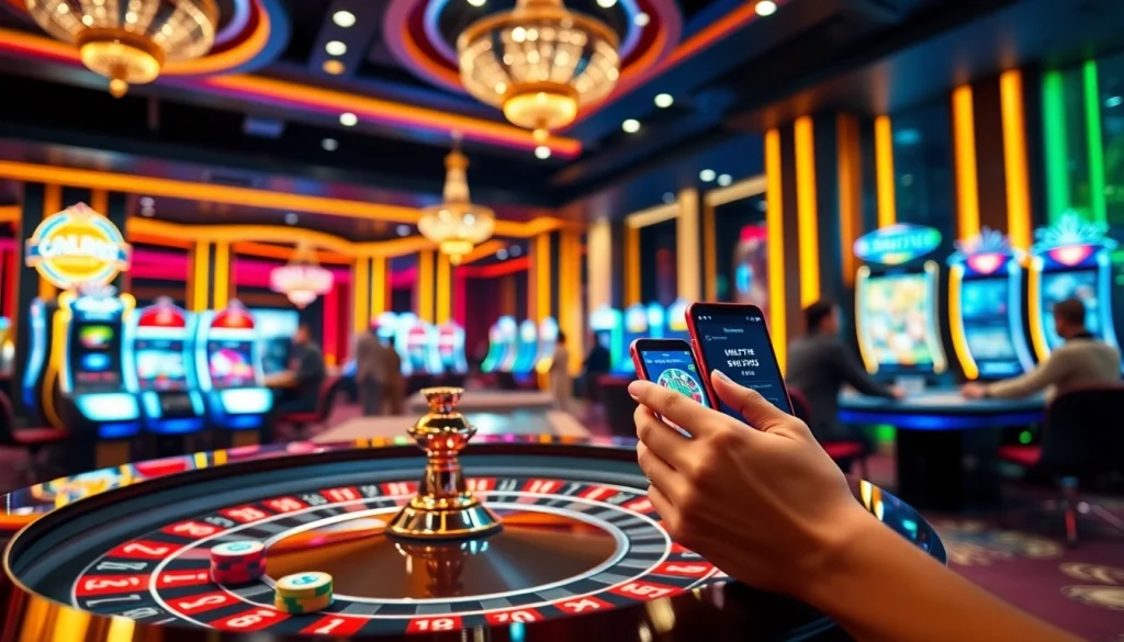 Players enjoying the nk88 app at a luxurious casino with vibrant games and exciting betting options.