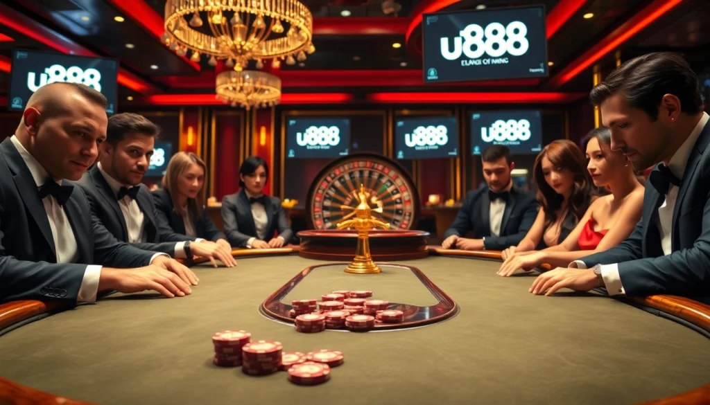 Experience the thrill of u888 through a vibrant casino scene with engaged players at a poker table.