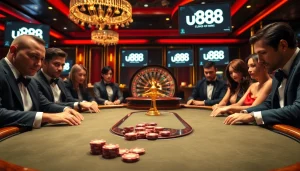 Experience the thrill of u888 through a vibrant casino scene with engaged players at a poker table.