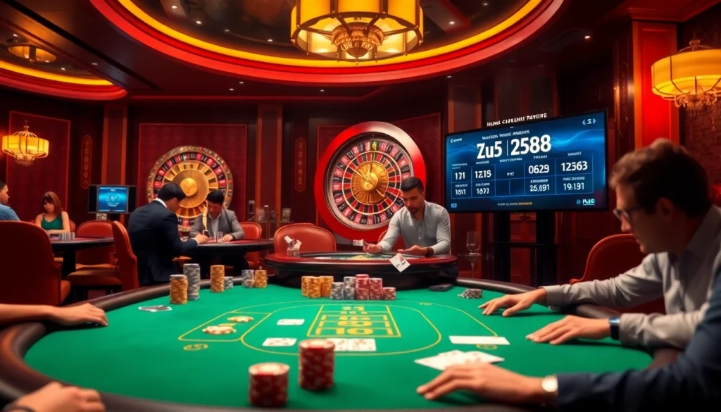 Engage with the Link nhà cái Ku88 in a vibrant casino setting showcasing poker and roulette.