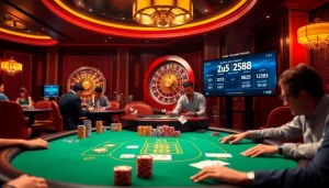Engage with the Link nhà cái Ku88 in a vibrant casino setting showcasing poker and roulette.