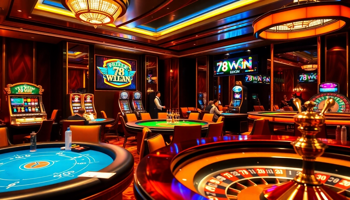 Engage in thrilling gambling with 78WIN at a vibrant casino featuring tables and slot machines.