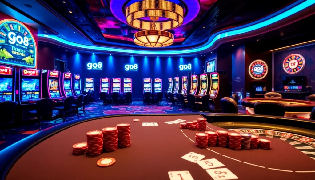 Engaging scene of an upscale casino featuring the go8 brand, with vibrant tables and slot machines.
