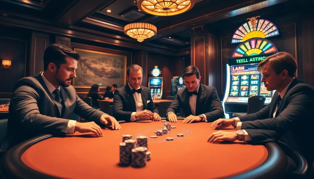 Dynamic poker gameplay at a man club-style casino featuring vibrant chips, cards, and players.
