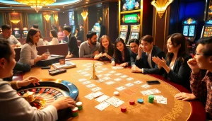 Experience the excitement of game bài at a luxurious casino table surrounded by players.