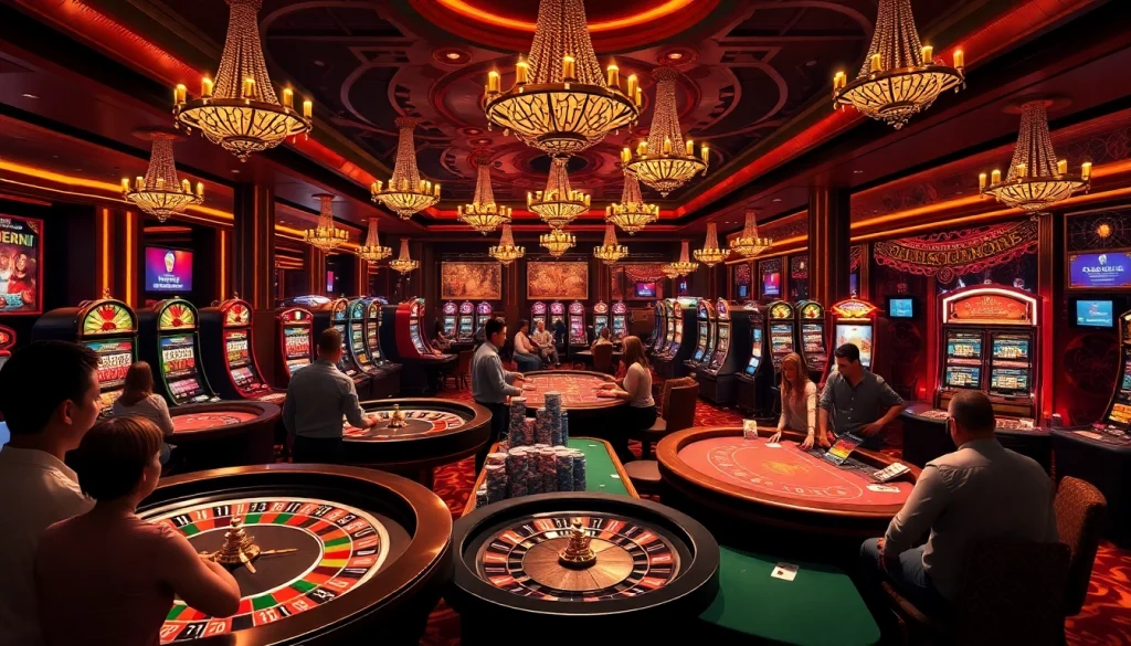 Exciting gameplay scene at a casino with gamblers lively engaging at tables, highlighting https://m98.uno/.