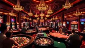Exciting gameplay scene at a casino with gamblers lively engaging at tables, highlighting https://m98.uno/.