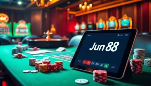 Experience the thrill of gambling at Jun 88 casino, featuring an exciting poker table with chips and cards.